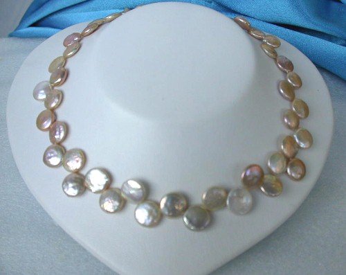 RARE 13MM gold pink coin cultured pearls Necklace