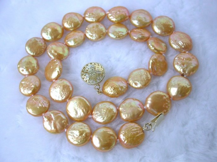 RARE 13mm gold color round coin cultured pearl necklace