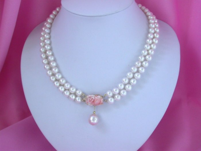 STUNNING double round white pearls Necklace solid gold coral