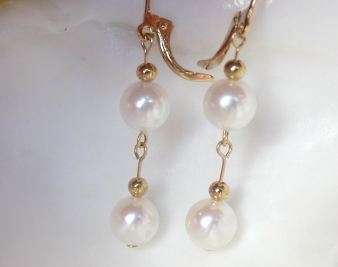 8mm white saltwater pearls dangle earrings 14k