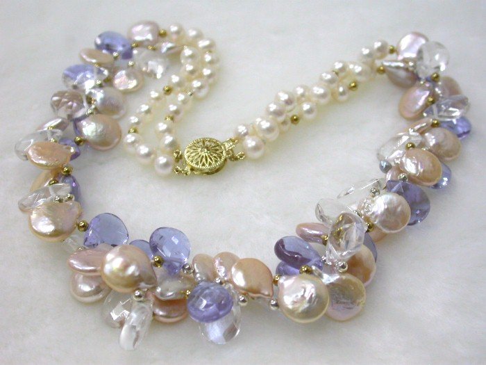 double pink coin cultured pearls Necklace 9k gold