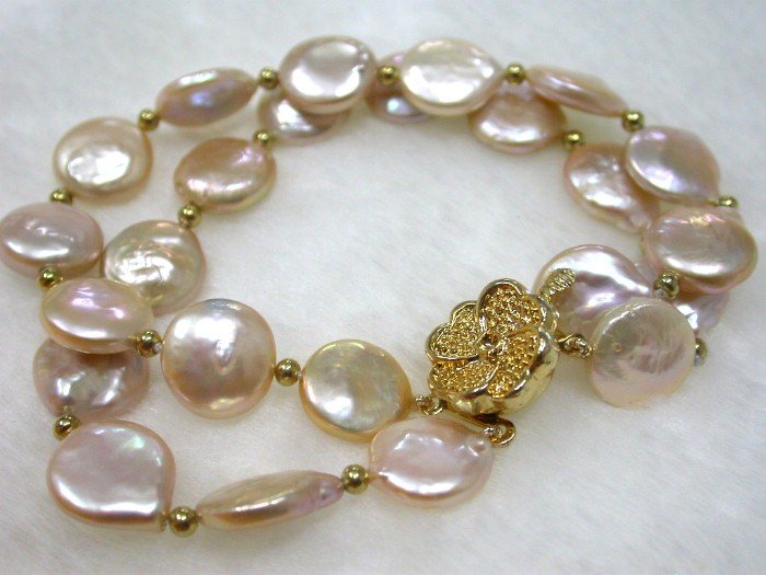 fancy double pink coin round pearls bracelet bangle 9k