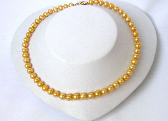 great yellow golden cultured real pearl necklace