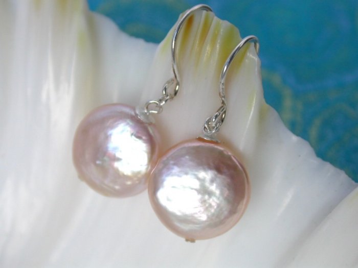 high style pink round coin cultured pearl drip earrings
