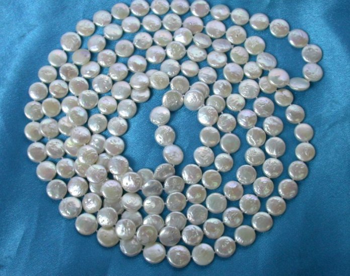stunning 50'' 13mm round white coin pearls necklace