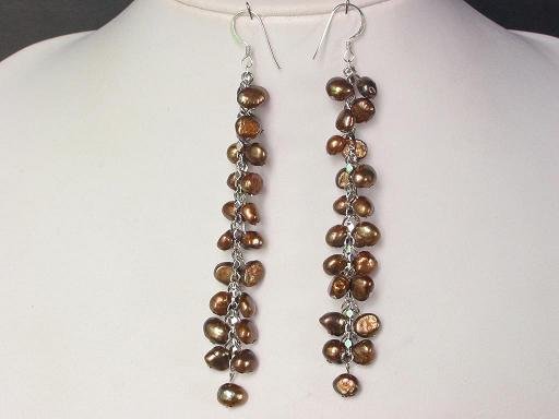 Earings Long 4'' Dangle FW Brown Pearls 925