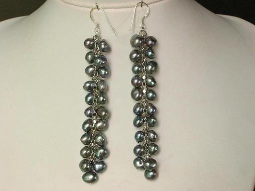 Earings Long 4'' Dangle FW Grey Pearls 925