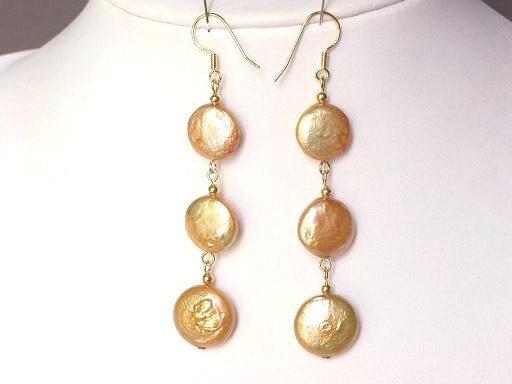 Earrings Biwa Coin Pearls 14mm Gold 14K Dangle