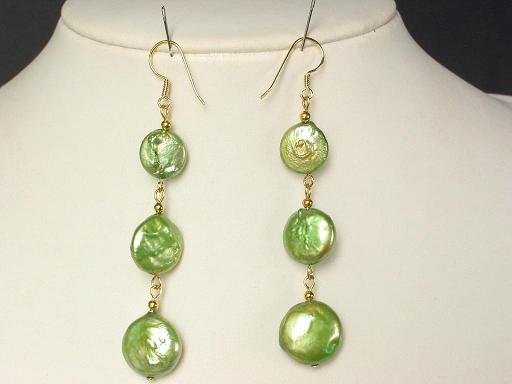 Earrings Biwa Coin Pearls 14mm Peridot Green 14K Dangle