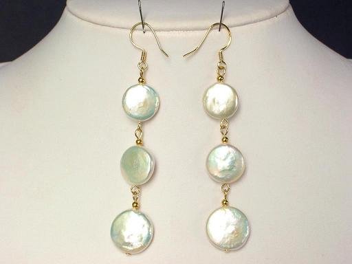 Earrings Biwa Coin Pearls 14mm White 14K Dangle