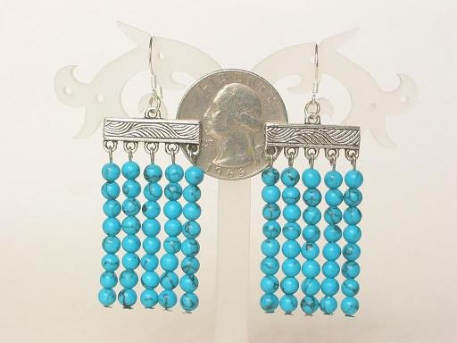 Earrings Blue Turquoise 5 Strands 4mm Round Beads