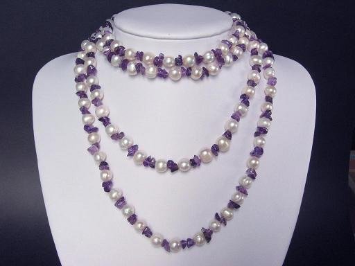 Necklace 60'' FW Pearls 9mm Amethyst Chips 14K