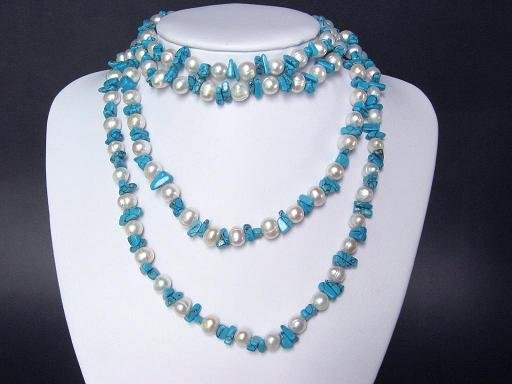 Necklace 60'' FW Pearls 9mm Blue Turquoise Chips 14K