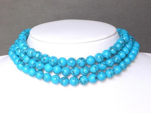 Necklace Blue Turquoise 3 Strands Round Beads