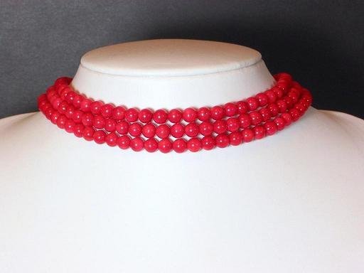 Necklace 3 strands red coral bead choker