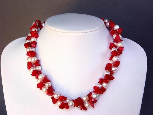 Necklace FW White Pearls with Red Coral Chips 2 Strands