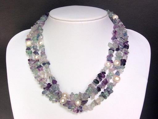 Necklace Flourite Chips FW Pearls 3 Strands