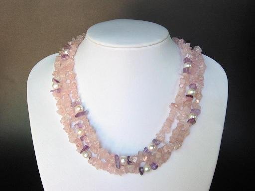 Necklace Pink Quartz 3 Strands Chips with FW White Pearls