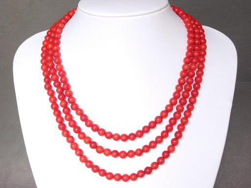Necklace Red Coral 3 Strands Round Beads