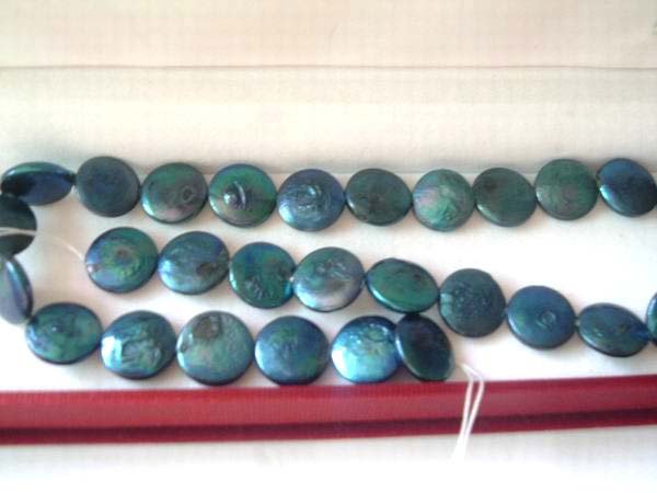 2 strand 13 mm peacock blue coin freshwater pearl