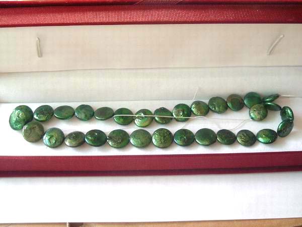 2 strand 13 mm peacock green coin freshwater pearl