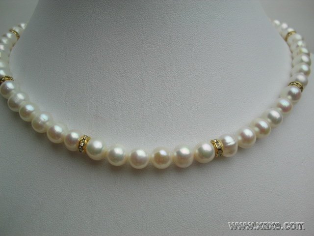 17"" 7-8mm white pearl and rinestone necklace