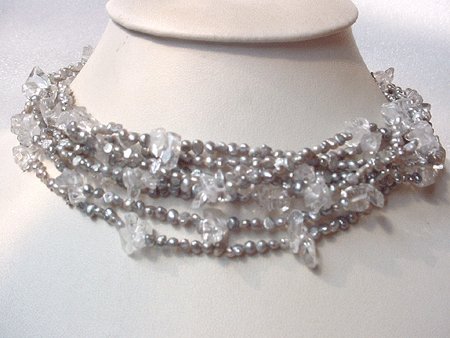 15'' 8-STR GREY FW PEARL & WHITE CRYSTAL NECKLACE S925