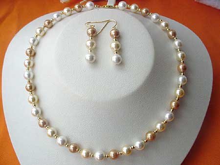 16.5'' 8MM SEA SHELL PEARL NECKLACE EARRING SET 14K GOLD
