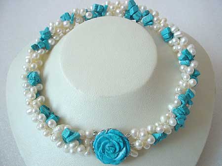 18.5'' 3-STR WHITE FW PEARL & TURQUOISE NECKLACE