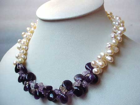 19'' 2-STR WHITE FW PEARL & AMETHYST NECKLACE