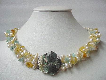 19'' 3-STR FW PEARL YELLOW JADE AQUAMARINE NECKLACE