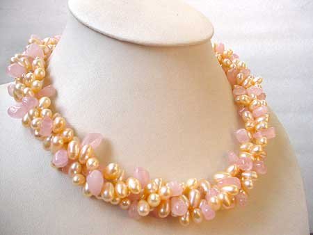 19'' 3-STR PEACH FW PEARL & ROSE QUARTZ NECKLACE