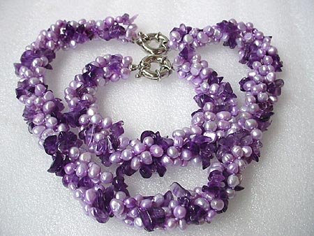 19''/ 9'' 4-STR FW PEARL AMETHYST NECKLACE BRACELET SET