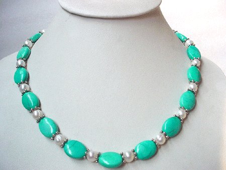 19'' white fw pearl and turquoise necklace