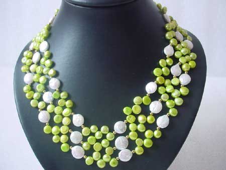 3-ROW EDGE-DRILLED FW PEARL & WHITE COIN PEARL NECKLACE