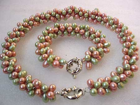 3-STR MAUVE GREEN FW PEARL NECKLACE BRACELET SET
