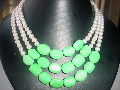 3-STR White FW pearl 5-6mm&turquoise bead necklace