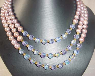 3-STR lavender fw pearl & clear crystal necklace