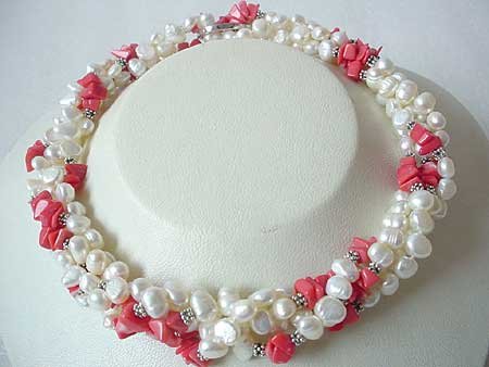 36'' 2-STR WHITE FW PEARL & PINK CORAL CHIPS NECKLACE