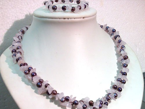 40"" Unique FW pearl & pink stone chips necklace bracelet