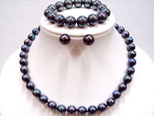 10MM BLACK SEASHELL PEARL NECKLACE BRACELET EARRING