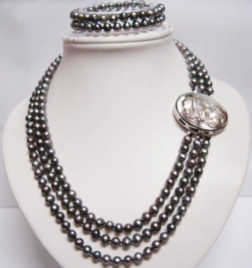 3row FW Pearl Cameo clasp necklace & bracelet