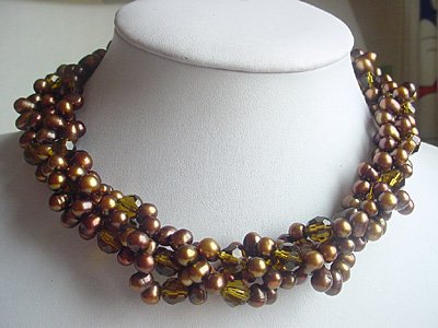 2-STR Brown FW water pearl & Brown crystal Necklace