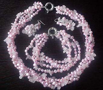 pink FW pearl & rose quartz necklace bracelet earring set