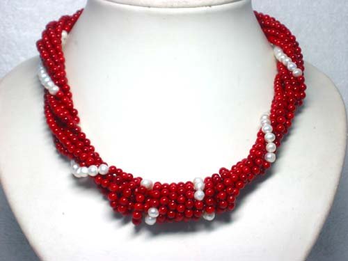 7 ROWS RED CORAL & PEARL NECKLACE