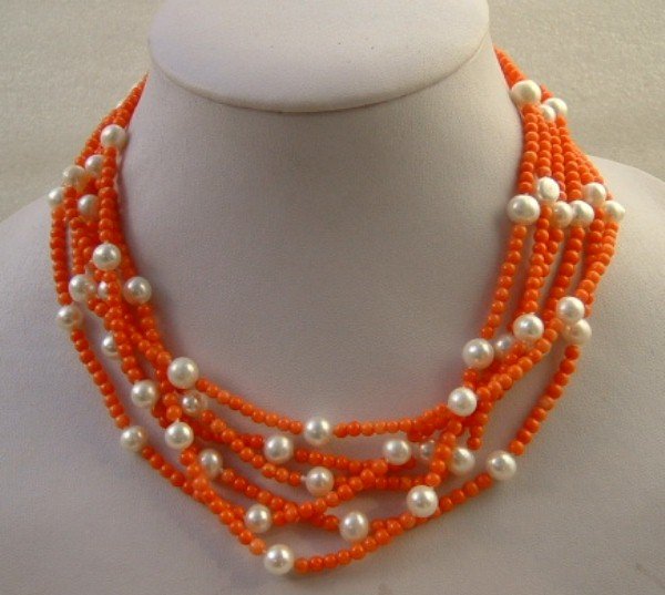 6 STRANDS CORAL & WHITE PEARL NECKLACE