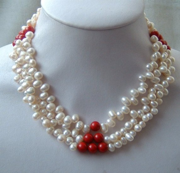 3 strands white freshwater pearls & coral necklace