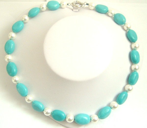 sky-blue natural turquoise beads & shell pearl necklace