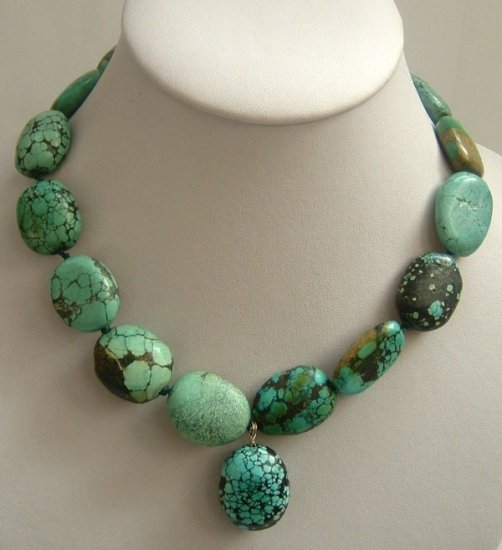 blue natural old-turquoise beads SS-925 silver necklace