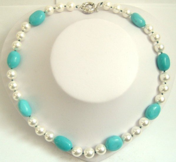 sky-blue natural turquoise bead & seashell pearl necklace